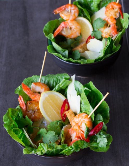 caesar salad with grilled prawns