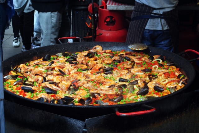 seafood paella in pan