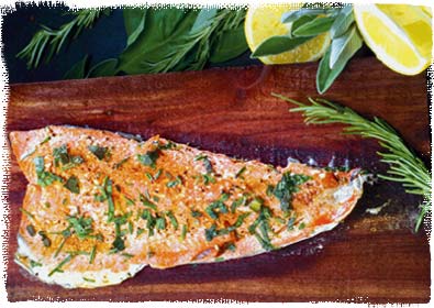 planked salmon seafood on table