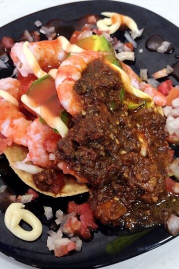 Shrimp Tostada with Chile Piquín Leaves Salsa