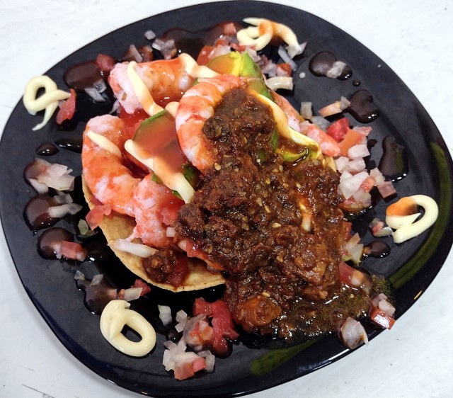 Shrimp Tostada with Chile Piquín Leaves Salsa